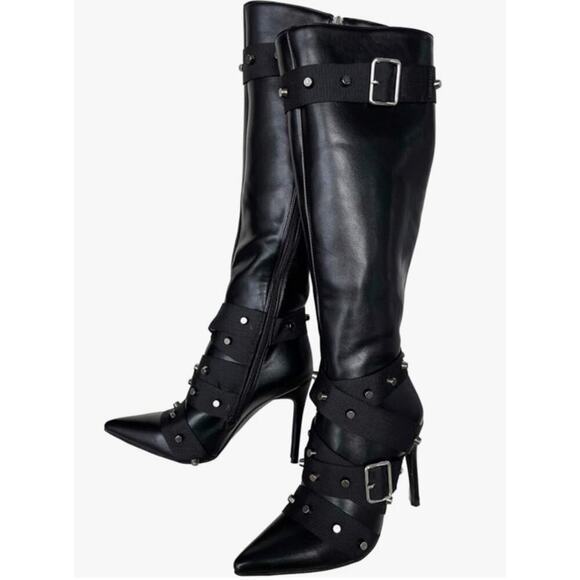 NWOT Frankie Hsu Punk Rivets Helled Stiletto Black Knee Hight Boot, Sz 7 - Picture 4 of 11